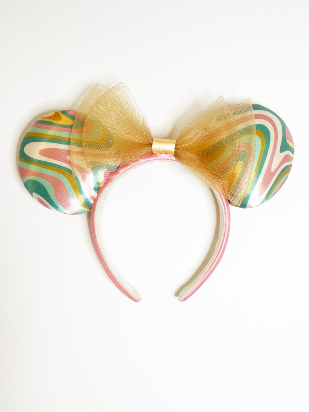 Disney Minnie Mouse Ears Headband Pastel Pink Green Swirl Rainbow Gold Bow